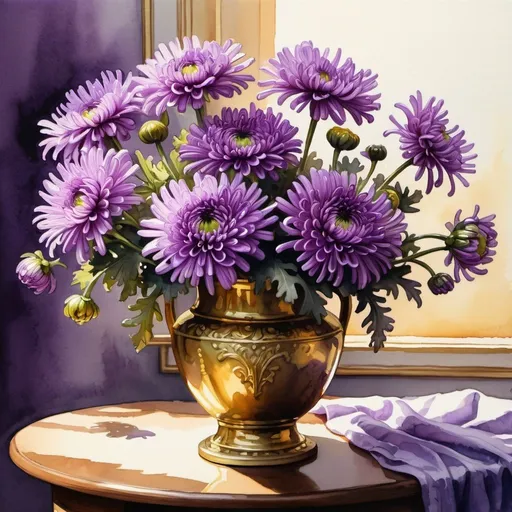 Prompt: gouache or watercolor painting of a bouquet of purple chrysanthemums in a brazen vase on a table, odd number, classical, golden shadows, vibrant, glow, hystorycal, intricate details, Award Winning, Trending on Artstation