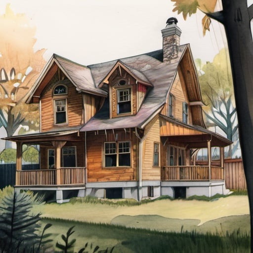 Prompt: two story timber house, backyard, illustration, colored pencils, gouache, watercolor, pale palette, grim, glow, ink satin, inricate details, hyperdetailed, 2d, 4k