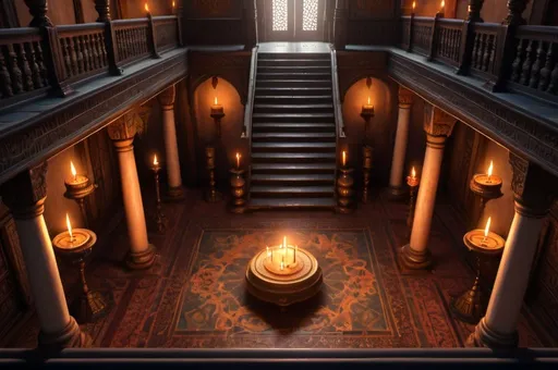Prompt: secret society, traveling Persia or India, main hall, mansion, stairs, top down view, candles, simbols,  vibrant, grim, romantic, hystorical, intricate details, hyperdetailed, 4k, painting, trending on artstation, cinematic, wide shot
