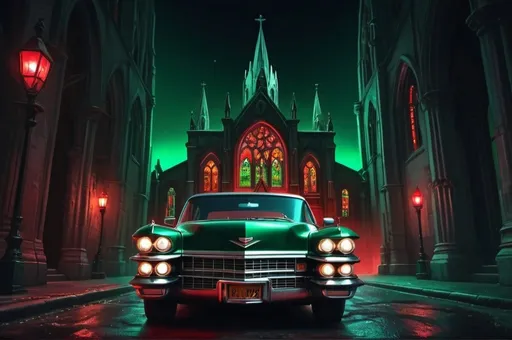 Prompt: escaping gothic church in a cadillac in a hurry,  luxury, wavy road, night, red and green glow, vibrant, grim, hystorical, intricate details, hyperdetailed, 4k, painting, trending on artstation, cinematic,