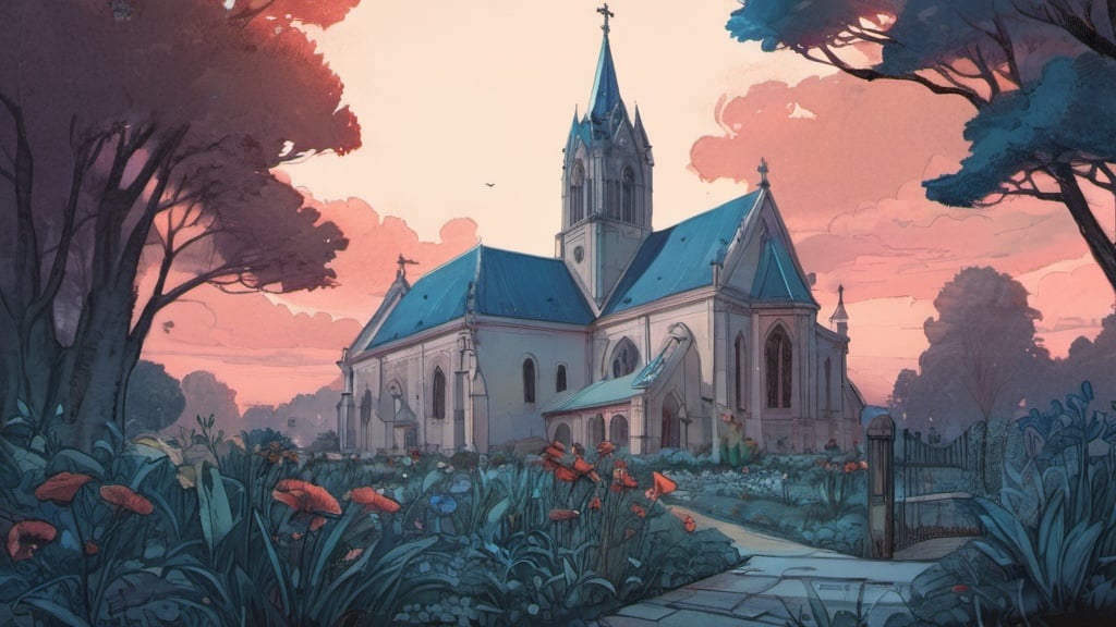 Prompt: garden, church, architecture, comics, flat colors, illustration, gouache, watercolor, pale palette, grim, red and blue glow, ink, inricate details, hyperdetailed, 2d, 8k