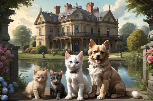 Prompt: puppies and kittens and a cat and a dogdressed gentry, 1800, traveling England, lake, mansion, gardem, vibrant, grim, romantic, hystorical, intricate details, hyperdetailed, 4k, painting, trending on artstation