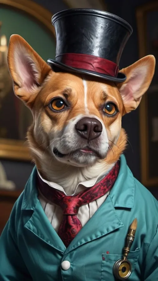 Prompt: dog in scrubs with a monocle, oldhospital, gothic, vampire slayer, vibrant, historic, intricate details, hyperdetailed, 4k, painting, trending on artstation
