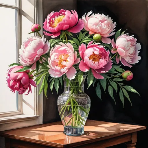 Prompt: gouache or watercolor painting of a bouquet of various  peonies  in a tall vase on a table, odd number, classical, shadows, vibrant, glow, intricate details, Award Winning, Trending on Artstation