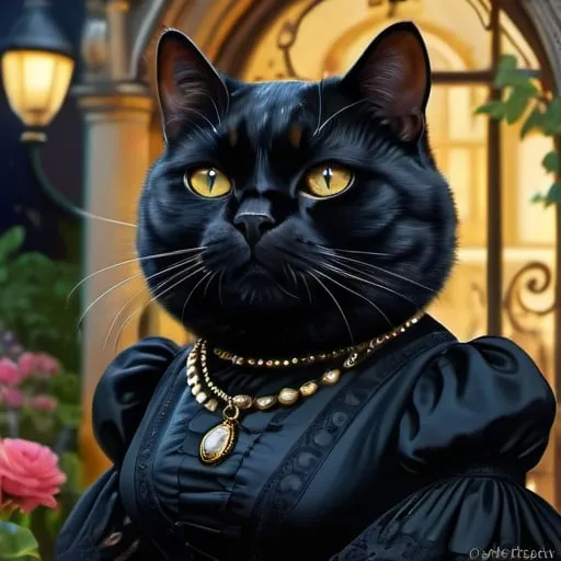 Prompt: black fat female cat in a gentry dress, 1880, monocle, luxurious, gothic, night, glow, garden, vibrant, historic, intricate details, hyperdetailed, 4k, painting, trending on artstation