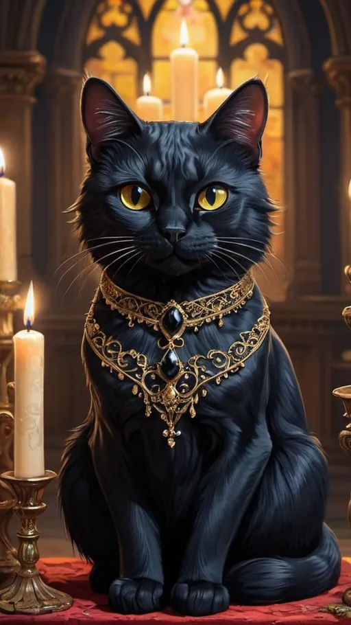 Prompt: a black straight hair cat in toxedo, wedding, royal, luxurious, gothic, night, glow, candles, church, mansion, vibrant, historic, intricate details, hyperdetailed, 4k, painting, trending on artstation