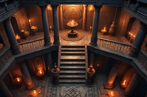 Prompt: secret society, traveling Persia or India, basement, mansion, stairs, top down view, candles, simbols,  vibrant, grim, romantic, hystorical, intricate details, hyperdetailed, 4k, painting, trending on artstation, cinematic, wide shot