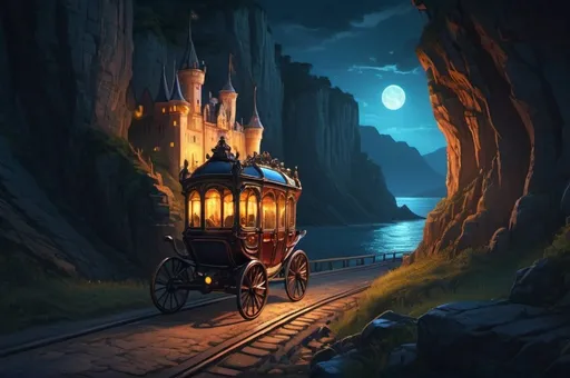 Prompt: escaping castle in a carriage in a hurry, precipitous cliff, wavy road, night, glow, vibrant, grim, hystorical, intricate details, hyperdetailed, 4k, painting, trending on artstation