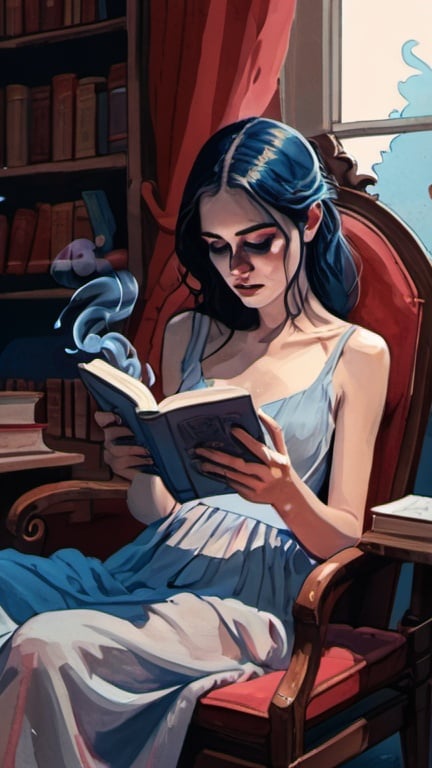 Prompt: flat colors, illustration, gouache, maiden reading a book, watercolor, pale palette, vibrant, grim, smoke, red and blue glow, ink, inricate details, hyperdetailed, 2d, 8k