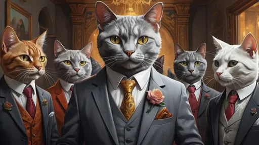 Prompt: grey parsian cat in a suit having a party with other cats, vibrant, historic, intricate details, romantic, grim, hyperdetailed, 4k, painting, trending on artstation