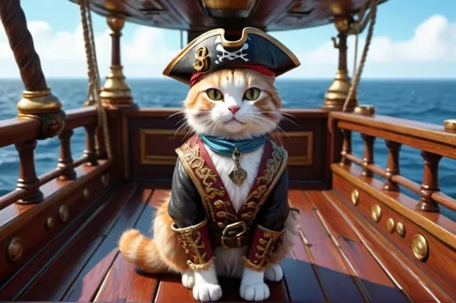 Prompt: pirate cat on a ship deck, luxurious, vibrant, historic, intricate details, hyperdetailed, 4k, painting, trending on artstation, port