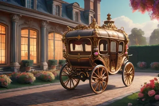 Prompt: a carriage, 1800, France, mansion, backyard, flowers, vibrant, grim, glow, romantic, hystorical, intricate details, hyperdetailed, 4k, painting, trending on artstation
