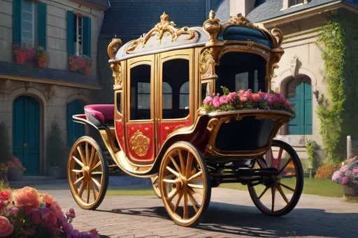 Prompt: a carriage, 1800, France, mansion, backyard, flowers, vibrant, grim, glow, romantic, hystorical, intricate details, hyperdetailed, 4k, painting, trending on artstation