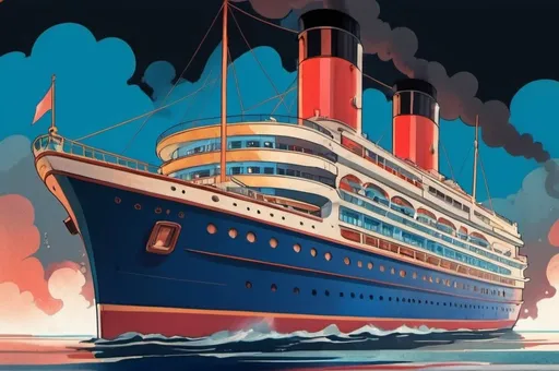 Prompt: cruise ship with 7 decks 1920 style,comics, historical, classical, flat colors, illustration, gouache, watercolor, pale palette, vibrant, grim, smoke, red and blue glow, ink, inricate details, hyperdetailed, 2d, 8k