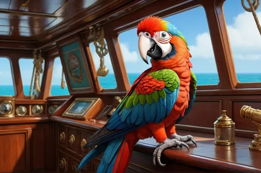 Prompt: a parrot on a ship, luxurious, vibrant, historic, intricate details, hyperdetailed, 4k, painting, trending on artstation, captain's quarters, tropical