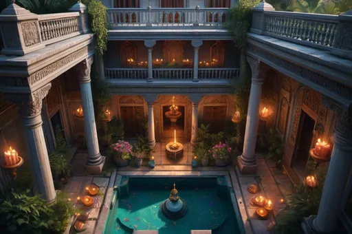 Prompt: secret society, traveling Persia or India, balcony, garden, pool, mansion, top down view, candles, simbols, flowers, vibrant, grim, romantic, hystorical, intricate details, hyperdetailed, 4k, painting, trending on artstation, cinematic, wide shot