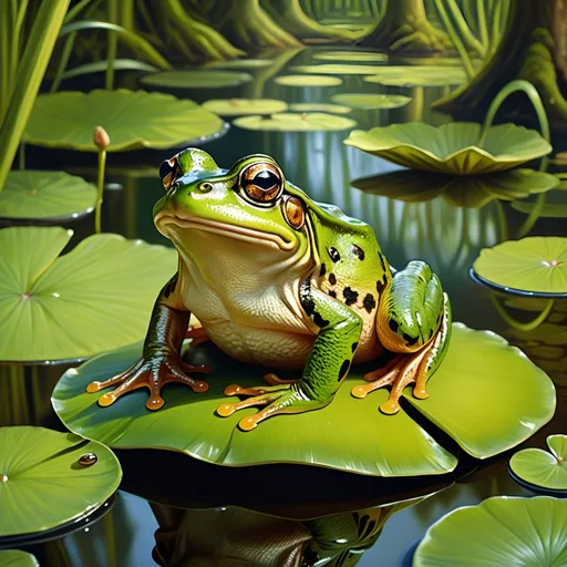 Prompt: Albrecht Durer, oil painting, illustration, gleeful frog prince sitting on a lili pad, swamp, forest, close up on a subject,  no outline,  vibrant, royal, intricate details, dim brazen shadows, UHD, Award Winning, Trending on Artstation