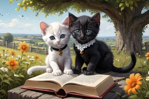 Prompt: 2 black kittens a 1 white kitten reading books under the tree,  dressed gentry, 1800, France, field, fence, flowers, bee, vibrant, grim, romantic, hystorical, intricate details, hyperdetailed, 4k, painting, trending on artstation