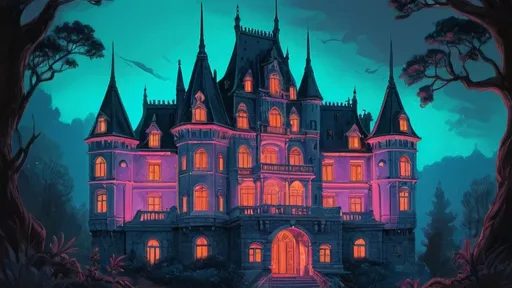 Prompt: Nádasdy - Kastély, Nadasdy, mansion, castle, illustration, colored pencils, gouache, neon glow, grim, itricate details, hyperdetailed, 2d, 4k