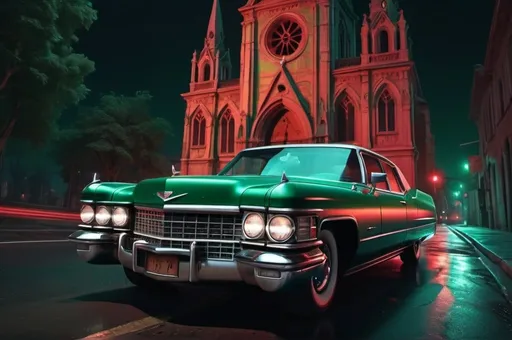 Prompt: escaping gothic church in a cadillac in a hurry,  luxury, wavy road, night, red and green glow, vibrant, grim, hystorical, intricate details, hyperdetailed, 4k, painting, trending on artstation, cinematic,