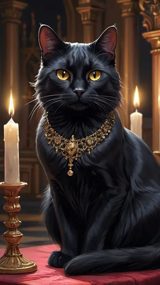 Prompt: a black straight hair cat in toxedo, wedding, royal, luxurious, gothic, night, glow, candles, church, mansion, vibrant, historic, intricate details, hyperdetailed, 4k, painting, trending on artstation
