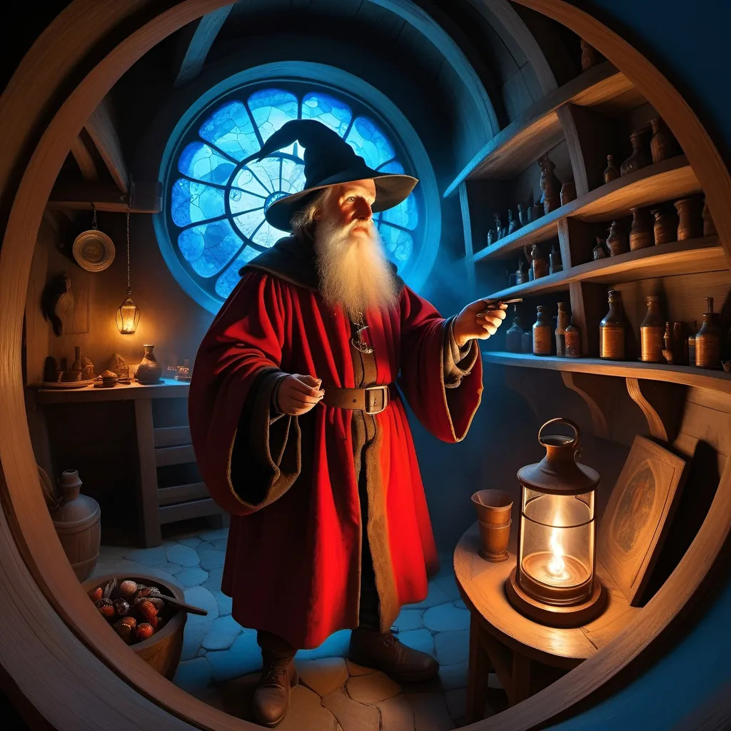 Prompt: Pieter Bruegel the Elder, no outline, a wizard with a lab interior, down up view, undershadow face, grim, distorted, swirl, fisheye lens, dim blue and red neon glow, UHD, Award Winning, Trending on Artstation