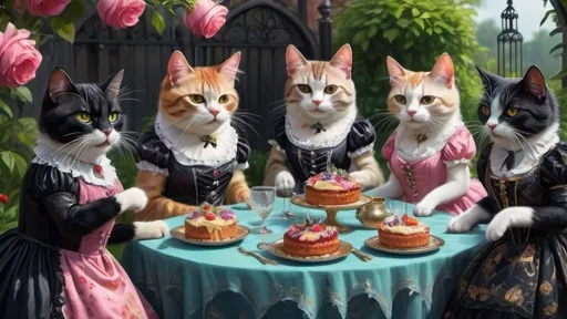 Prompt: cats in dresses having a party in the garden, gothic, luxurious, vibrant, intricate details, hyperdetailed, 4k, painting, trending on artstation