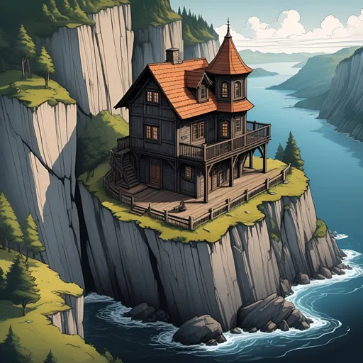 Prompt: Illustration, ink, gouache, fine outline,  Ravenloft,  panoramic view of a small timber house on a precipitous cliff among multiple plateaus at a different heigth, isometric view, top view from afar, grim, 8k, UHD, Award Winning, Trending on Artstation