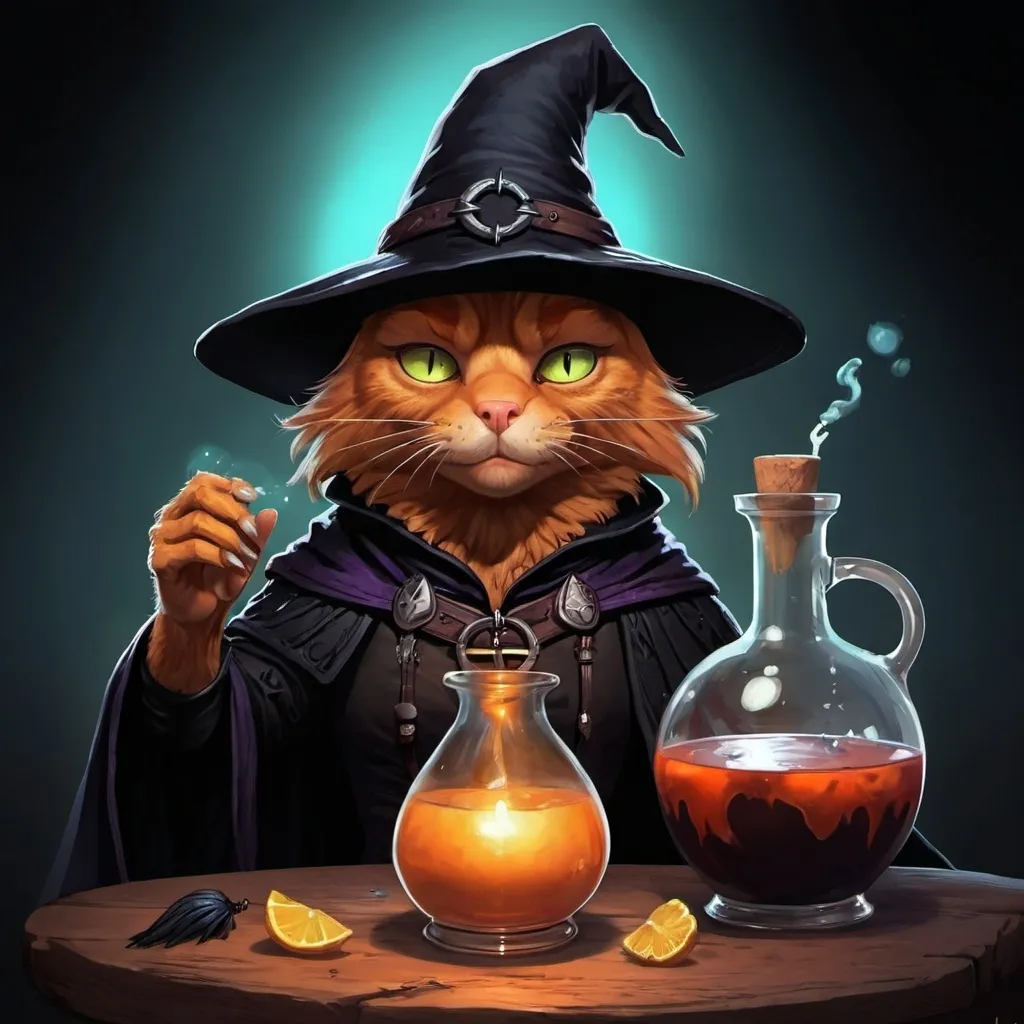 Prompt: crow, potion,  ginger cat, witcher, witch, long nose, dark, glow, hd, caricature