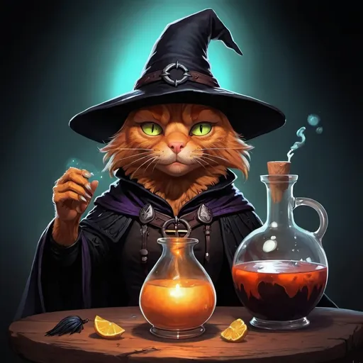 Prompt: crow, potion,  ginger cat, witcher, witch, long nose, dark, glow, hd, caricature