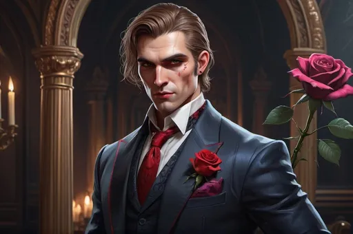 Prompt: bigle in a suit with a rose, luxurious, gothic, vampire slayer, vibrant, historic, intricate details, hyperdetailed, 4k, painting, trending on artstation