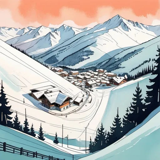 Prompt: looking down at a ski slope, architecture, comics, flat colors whimsical, scene, illustration,  gouache, watercolor, pale palette, grim glow, ink, inricate details, hyperdetailed, 2d, 4k