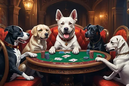 Prompt: dog playing pocker with friends, vibrant, grim, royal, gothic, intricate details, hyperdetailed, 4k, painting, trending on artstation