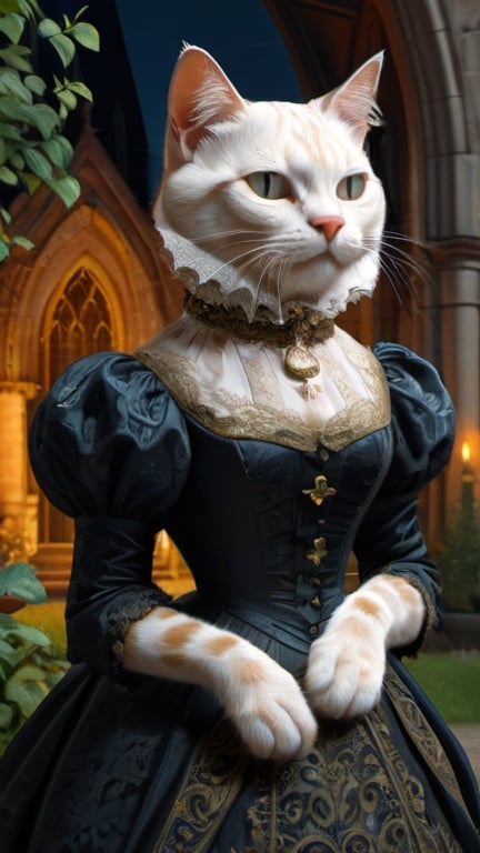 Prompt: a cat in veding gentry dress, 1880, luxurious, gothic, day or night, glow, garden, church, vibrant, historic, intricate details, hyperdetailed, 4k, painting, trending on artstation