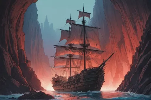 Prompt: wooden ship, precipitous cliff,  comics, flat colors, illustration, gouache, watercolor, pale palette, vibrant, smoke, red and blue glow, ink, inricate details, hyperdetailed, 2d, 8k