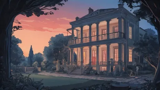 Prompt: backyard of neo classical house, garden, architecture, comics, flat colors, illustration, gouache, watercolor, pale palette, grim, red and blue glow, ink, inricate details, hyperdetailed, 2d, 8k