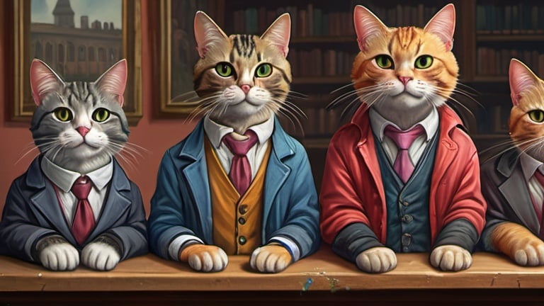 Prompt: cats in casual clothes attending university, vibrant, historic, intricate details, hyperdetailed, 4k, painting, trending on artstation