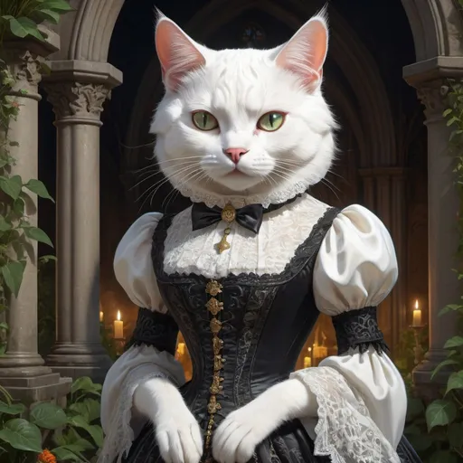 Prompt: a white cat in a gothic gentry dress, 1880, luxurious, gothic, day or night, glow, garden, church, vibrant, historic, intricate details, hyperdetailed, 4k, painting, trending on artstation