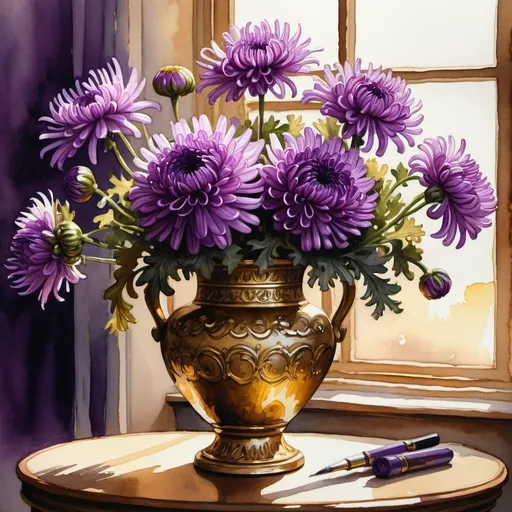 Prompt: gouache or watercolor painting of a bouquet of purple chrysanthemums in a brazen vase on a table, odd number, classical, golden shadows, vibrant, glow, hystorycal, intricate details, Award Winning, Trending on Artstation