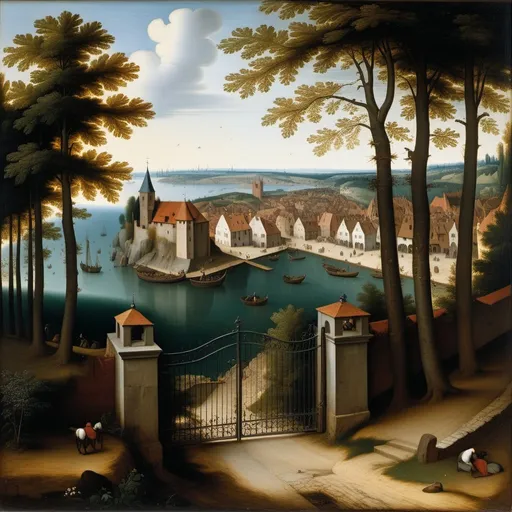 Prompt: Pieter Bruegel the Elder, oil painting, landscape from afar, no outline, sea port, gates,Greeсe, trees, grim, distorted, dim brazen shadows, UHD, Award Winning, Trending on Artstation