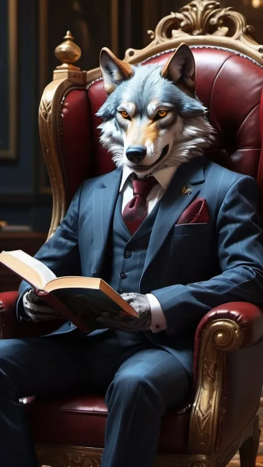 Prompt: wolf in a suit in a chair with a book, luxurious, gothic, vampire slayer, vibrant, historic, intricate details, hyperdetailed, 4k, painting, trending on artstation