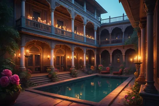 Prompt: secret society, traveling Persia or India, balcony, garden, pool, mansion,  candles, night simbols, flowers, vibrant, grim, romantic, hystorical, intricate details, hyperdetailed, 4k, painting, trending on artstation, cinematic, wide shot