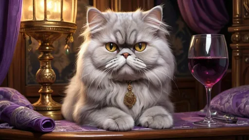 Prompt: grey persian cat with a glass of wine in a boudoir, luxurious, vibrant, historic, intricate details, hyperdetailed, 4k, painting, trending on artstation, purple, wooden ship, captain's quarters
