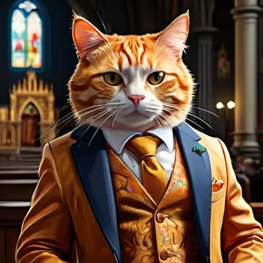 Prompt: ginger cat in a suit in a church, luxurious, vibrant, historic, intricate details, hyperdetailed, 4k, painting, trending on artstation, port