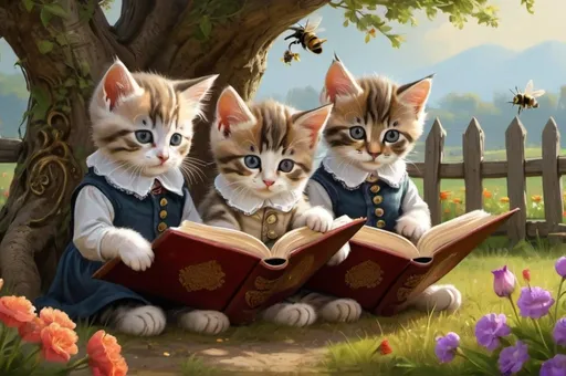Prompt: 3 kittens reading books under the tree,  dressed gentry, 1800, France, field, fence, flowers, bee, vibrant, grim, romantic, hystorical, intricate details, hyperdetailed, 4k, painting, trending on artstation