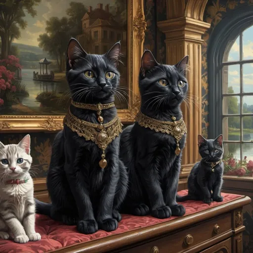 Prompt: black kittens and a cat dressed gentry, 1800, traveling England, lake, mansion, gardem,  vibrant, grim, romantic, hystorical, intricate details, hyperdetailed, 4k, painting, trending on artstation