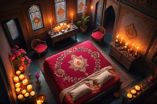 Prompt: secret society, traveling Persia or India, bedroom, mansion, top down view, candles, flowers, simbols, vibrant, grim, romantic, hystorical, intricate details, hyperdetailed, 4k, painting, trending on artstation, cinematic, wide shot