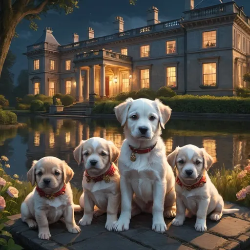 Prompt: puppies and a dog dressed gentry, 1800, traveling England, lake, mansion, gardem, vibrant, grim, night, glow, romantic, hystorical, intricate details, hyperdetailed, 4k, painting, trending on artstation