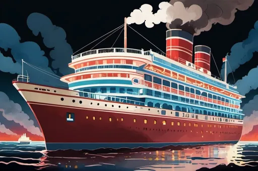 Prompt: cruise ship with 7 decks 1920 style,comics, historical, classical, flat colors, illustration, gouache, watercolor, pale palette, vibrant, grim, smoke, red and blue glow, ink, inricate details, hyperdetailed, 2d, 8k