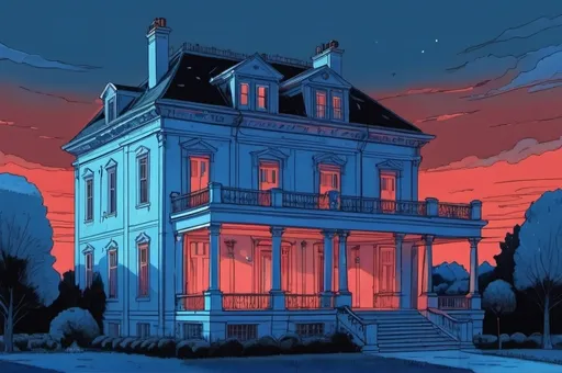 Prompt: neo classicism house, architecture, comics, flat colors, backyard, illustration, gouache, watercolor, pale palette, grim, red and blue glow, ink, inricate details, hyperdetailed, 2d, 8k,